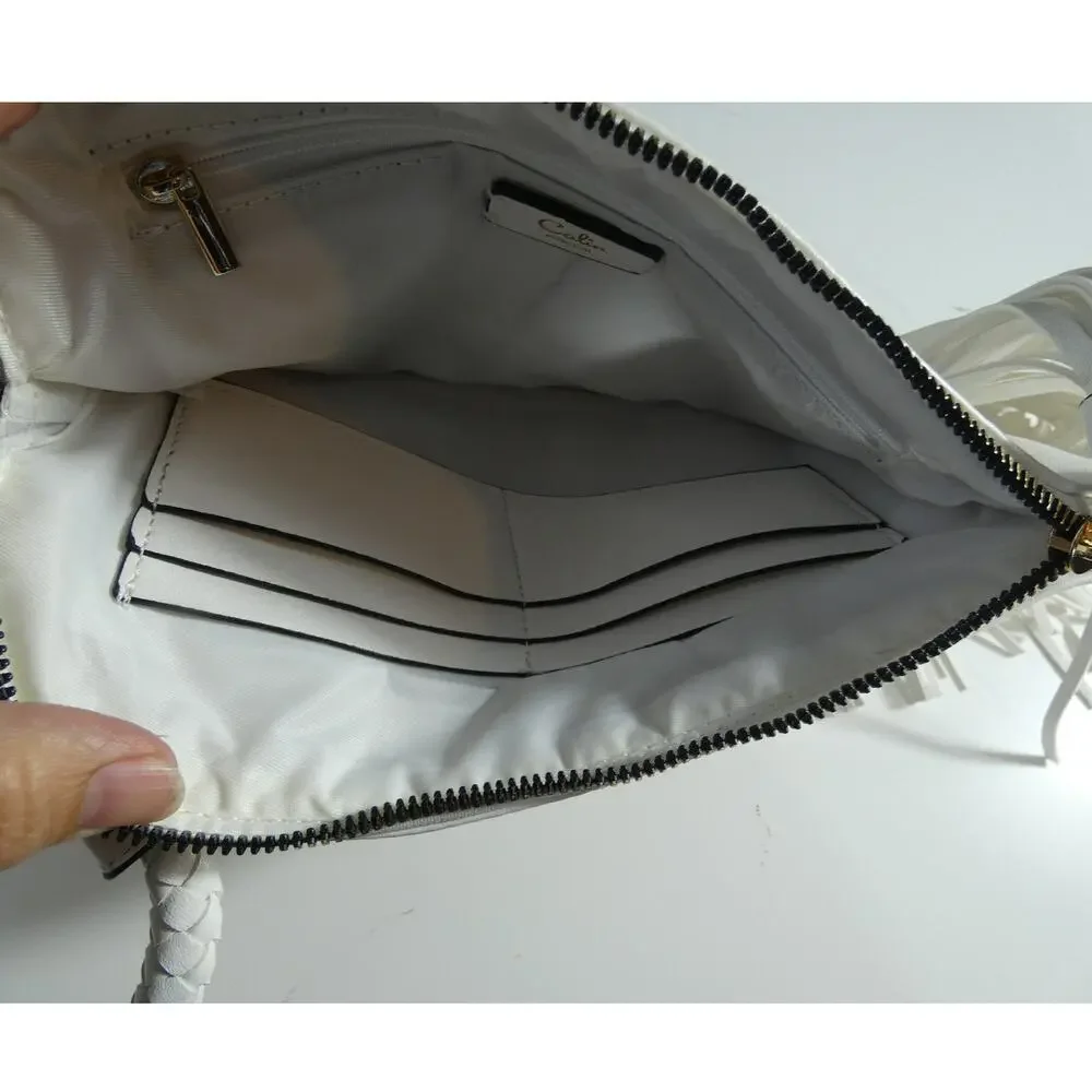 Calin Collection White Vegan Faux Leather Fringed Wristlet/Handbag Zipper NWT